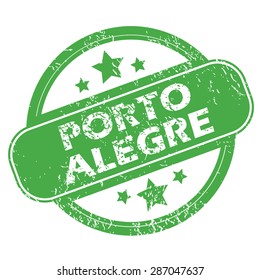 Round green rubber stamp with name Porto Alegre and stars, isolated on white