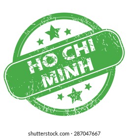 Round green rubber stamp with name Ho Chi Minh and stars, isolated on white