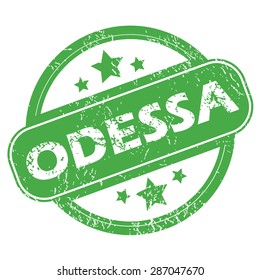 Round green rubber stamp with name Odessa and stars, isolated on white