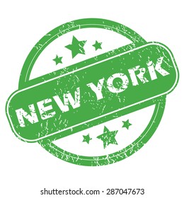 Round green rubber stamp with name New York and stars, isolated on white