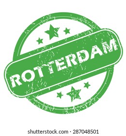 Round green rubber stamp with name Rotterdam and stars, isolated on white