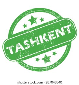 Round green rubber stamp with name Tashkent and stars, isolated on white