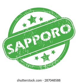 Round green rubber stamp with name Sapporo and stars, isolated on white