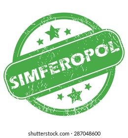 Round green rubber stamp with name Simferopol and stars, isolated on white