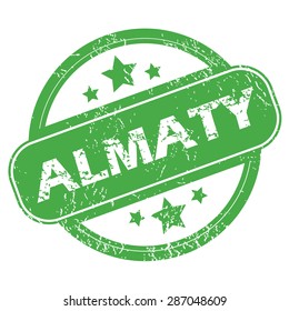 Round green rubber stamp with name Almaty and stars, isolated on white