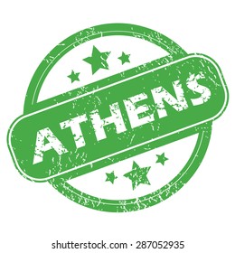 Round green rubber stamp with name Athens and stars, isolated on white