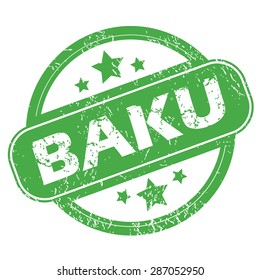 Round green rubber stamp with name Baku and stars, isolated on white