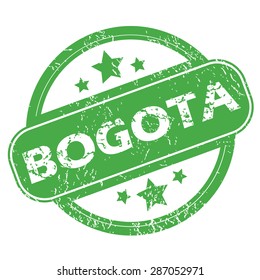 Round green rubber stamp with name Bogota and stars, isolated on white