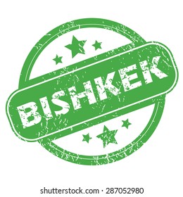 Round green rubber stamp with name Bishkek and stars, isolated on white