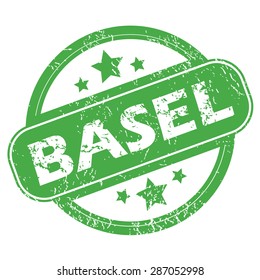 Round green rubber stamp with name Basel and stars, isolated on white