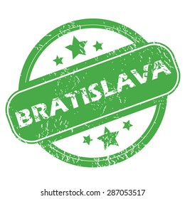 Round green rubber stamp with name Bratislava and stars, isolated on white