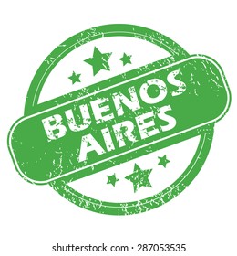 Round green rubber stamp with name Buenos Aires and stars, isolated on white