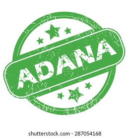 Round green rubber stamp with name Adana and stars, isolated on white