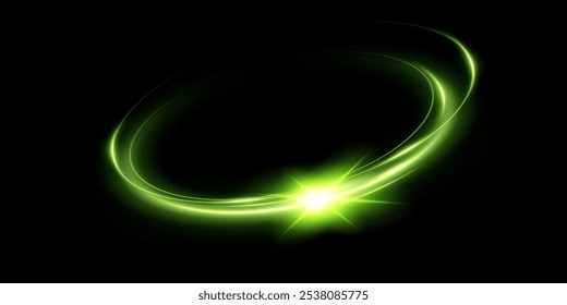 
Round green shiny light effect. Rotating neon glow line. Glowing ring trace background. Round frame vector