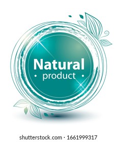 round green sticker with leafs on a white background natural product