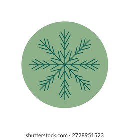Adesivo verde redondo com ícone contorno floco de neve. O ornamento de inverno e a decoração de Natal criam um símbolo de feriado para o pacote ou presente. Estilo de contorno plano e design limpo para o uso da estação festiva.