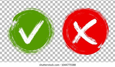 Round green symbolic OK and red X isolated on transparent. YES or NO acceptance and rejection checkmarks vector symbols for vote choice. Tick and cross signs, approval icons, check marks design.