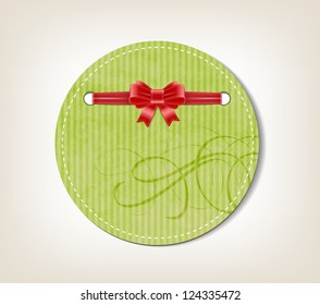 Round green vector hand made paper textured note with silky ribbon bow knot and calligraphic decoration