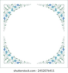 Round green vegetal ornamental frame with leaves and blue magnolia flowers, decorative border, corners for greeting cards, banners, business cards, invitations, menus. Isolated vector illustration.	
