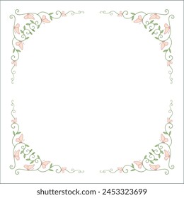 Round green vegetal ornamental frame with leaves and pink butterflies, decorative border, corners for greeting cards, banners, business cards, invitations, menus. Isolated vector illustration.	
