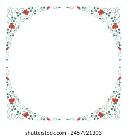 Round green vegetal ornamental frame with roses, decorative border, corners for greeting cards, banners, business cards, invitations, menus. Isolated vector illustration.	
