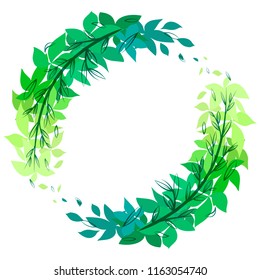 Round green wreath of leaves with doodle branches. The object is separate from the background. Vector flat element for invitation cards, greeting cards and your design