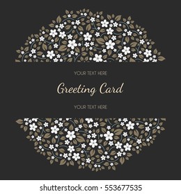 Round greeting card with color small flowers and leaves. Vector background