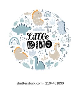 Round greeting card with cute dinosaurs palms and cactuses and lettering text Little Dino. Childish design for birthday invitation poster clothing, nursery wall art and card.
