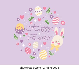 Round greeting card Happy Easter. Images of the Easter bunny, little chick and flowers. Happy Easter inscription.