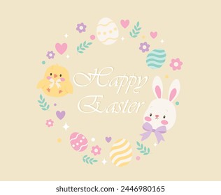 Tarjeta de felicitación redonda Feliz Pascua. Imágenes del conejito de Pascua, pollito, huevos de Pascua y flores. Inscripción de Feliz Pascua.