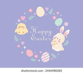 Round greeting card Happy Easter. Images of the Easter bunny, little chick, Easter eggs and flowers on a purple background. Happy Easter inscription.