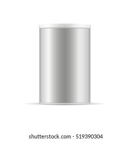 Round grey glossy tin can with lid. Container for products - tea, coffee, sugar, cereals, candy, spice, cookies, powder milk and others. Realistic packaging vector mockup template.