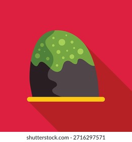 Pedra cinzenta redonda coberta com uma substância verde brilhante pingando em uma bandeja amarela, design plano simples 