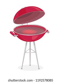 Round grill for barbecue vector badge in cartoon style. Picnic equipment with grille, cover and handles on tripod icon, ready to use, isolated poster
