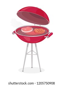 Round grill for barbecue vector badge in cartoon style. Picnic equipment with cover and handles on tripod with frying steak on grille, isolated poster