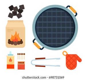 Round grill top view, charcoal, means for ignition of fire, meat tongs and heat resistant mittens vector flat material design isolated on white