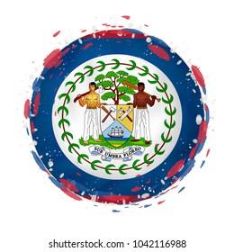 Round grunge flag of Belize with splashes in flag color. Vector illustration.