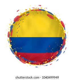 Round grunge flag of Colombia with splashes in flag color. Vector illustration.