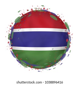 Round grunge flag of Gambia with splashes in flag color. Vector illustration.
