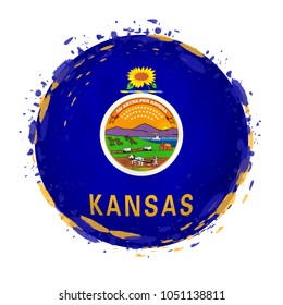 Round grunge flag of Kansas US state with splashes in flag color. Vector illustration.