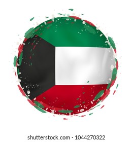 Round grunge flag of Kuwait with splashes in flag color. Vector illustration.