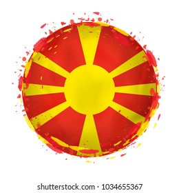 Round grunge flag of Macedonia with splashes in flag color. Vector illustration.