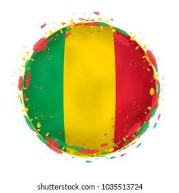 Round grunge flag of Mali with splashes in flag color. Vector illustration.