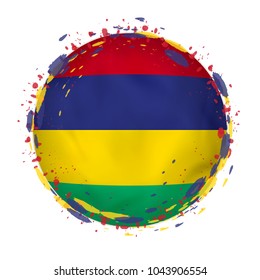 Round grunge flag of Mauritius with splashes in flag color. Vector illustration.
