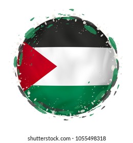 Round grunge flag of Palestine with splashes in flag color. Vector illustration.