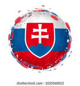 Round grunge flag of Slovakia with splashes in flag color. Vector illustration.