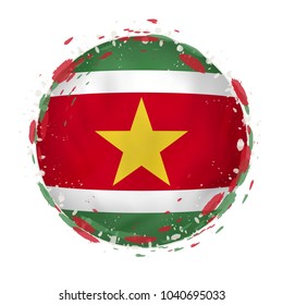 Round grunge flag of Suriname with splashes in flag color. Vector illustration.