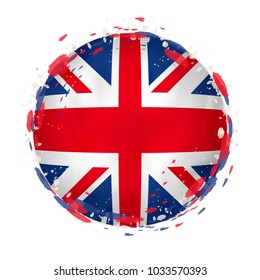 Round grunge flag of United Kingdom with splashes in flag color. Vector illustration.