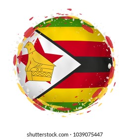 Round grunge flag of Zimbabwe with splashes in flag color. Vector illustration.