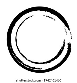 Round grunge frame isolated on white background. Black circle ink border. Vector illustration.